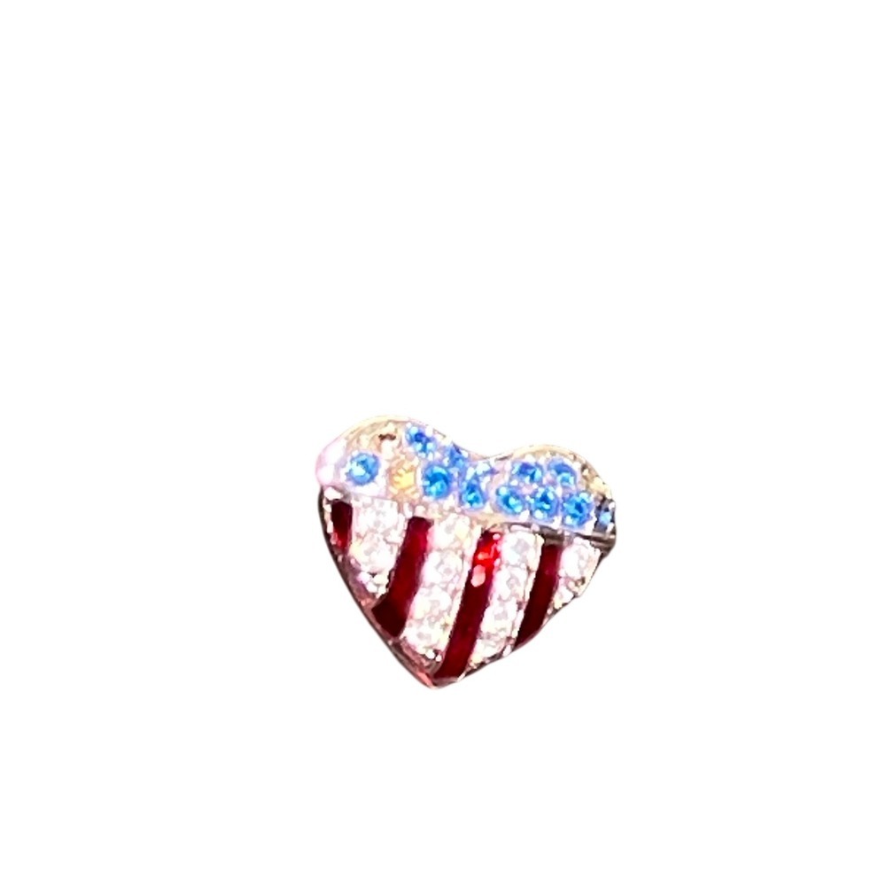 Heart American Patriotic Flag Pin Women Red White Blue  Sparkly Rhinestone USA